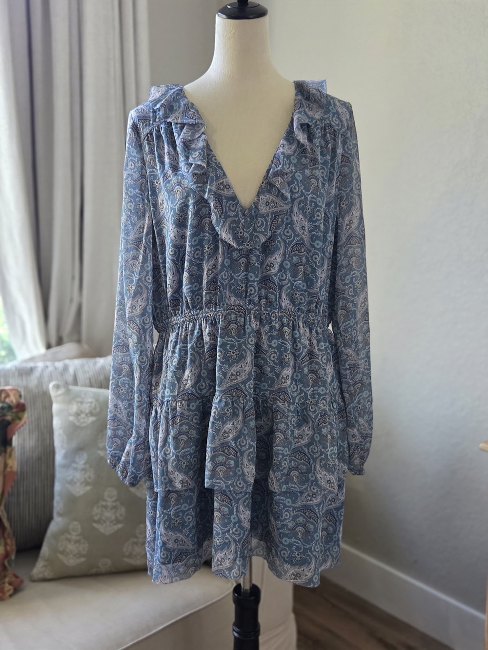 Aritzie Tiered Little Moon Blue Paisley Ruffle V-Neck Long Sleeve Dress
